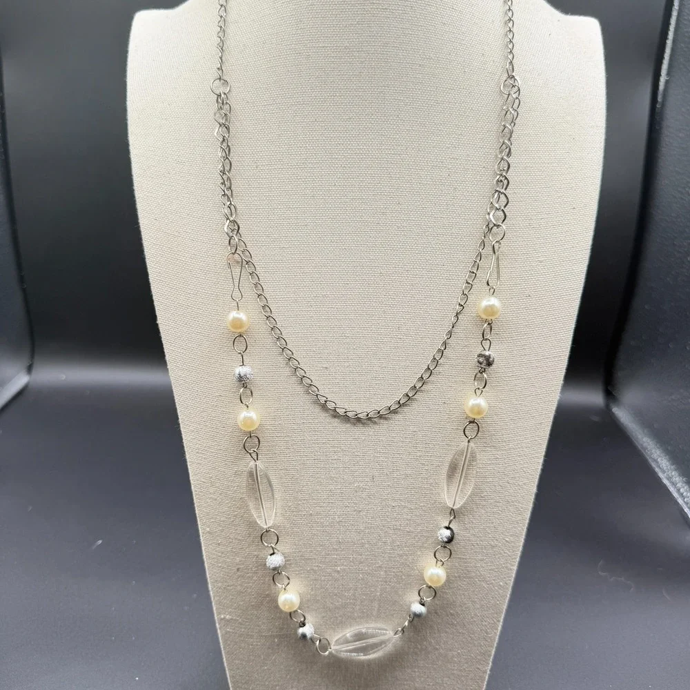 Silver Tone Faux Pearl Clear Bead Long Layering Necklace Y2K Boho Statement